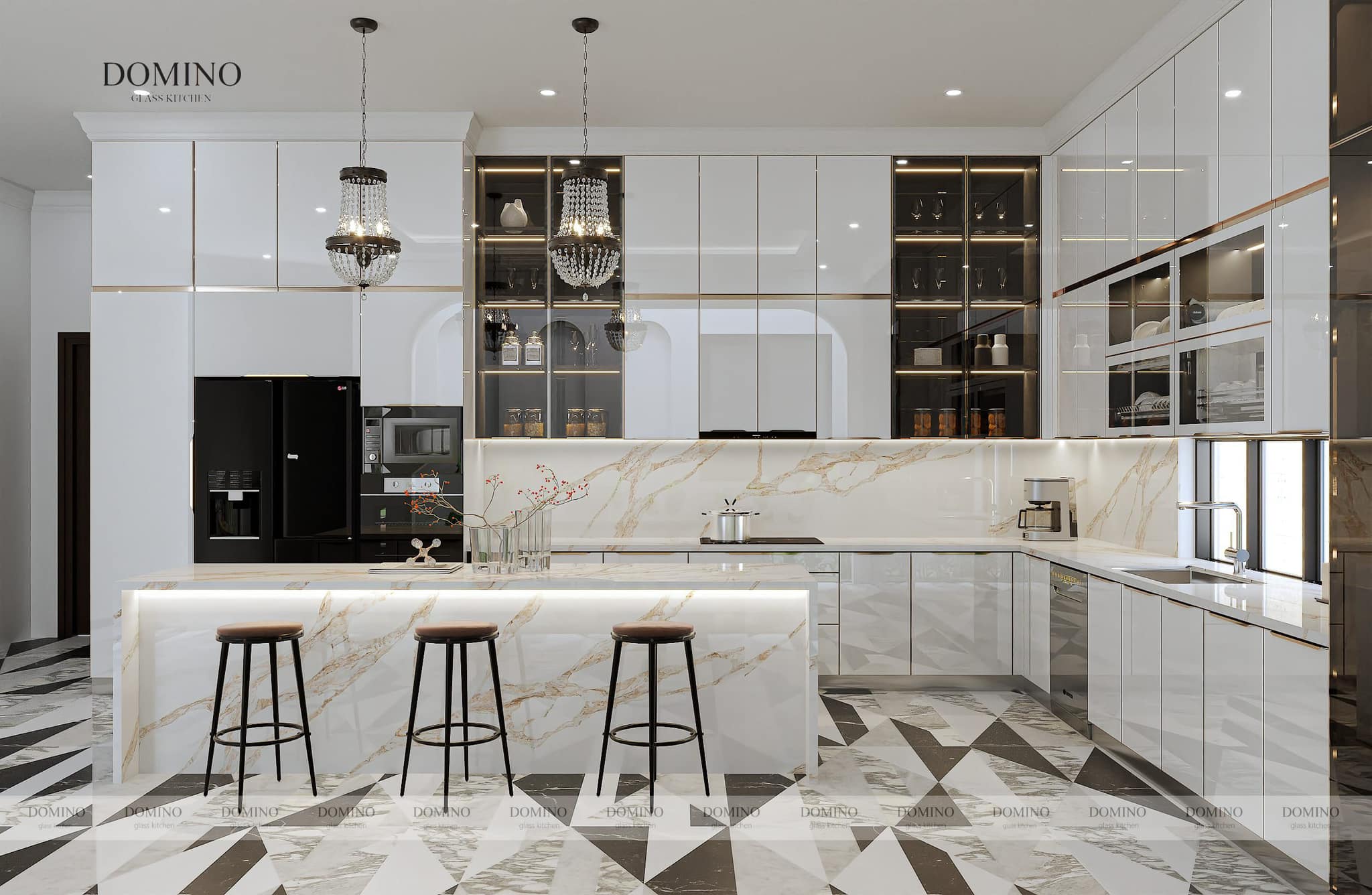 Tủ bếp inox cánh kính Domino