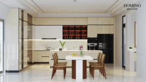 Tủ bếp inox cánh kính Domino Elite tại biệt thự Thị xã Phú Thọ – góc nhìn tổng thể