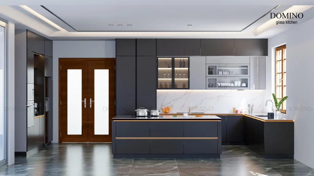 Tủ bếp inox cánh kính Domino cho biệt thự hiện đại tại Hà Nội