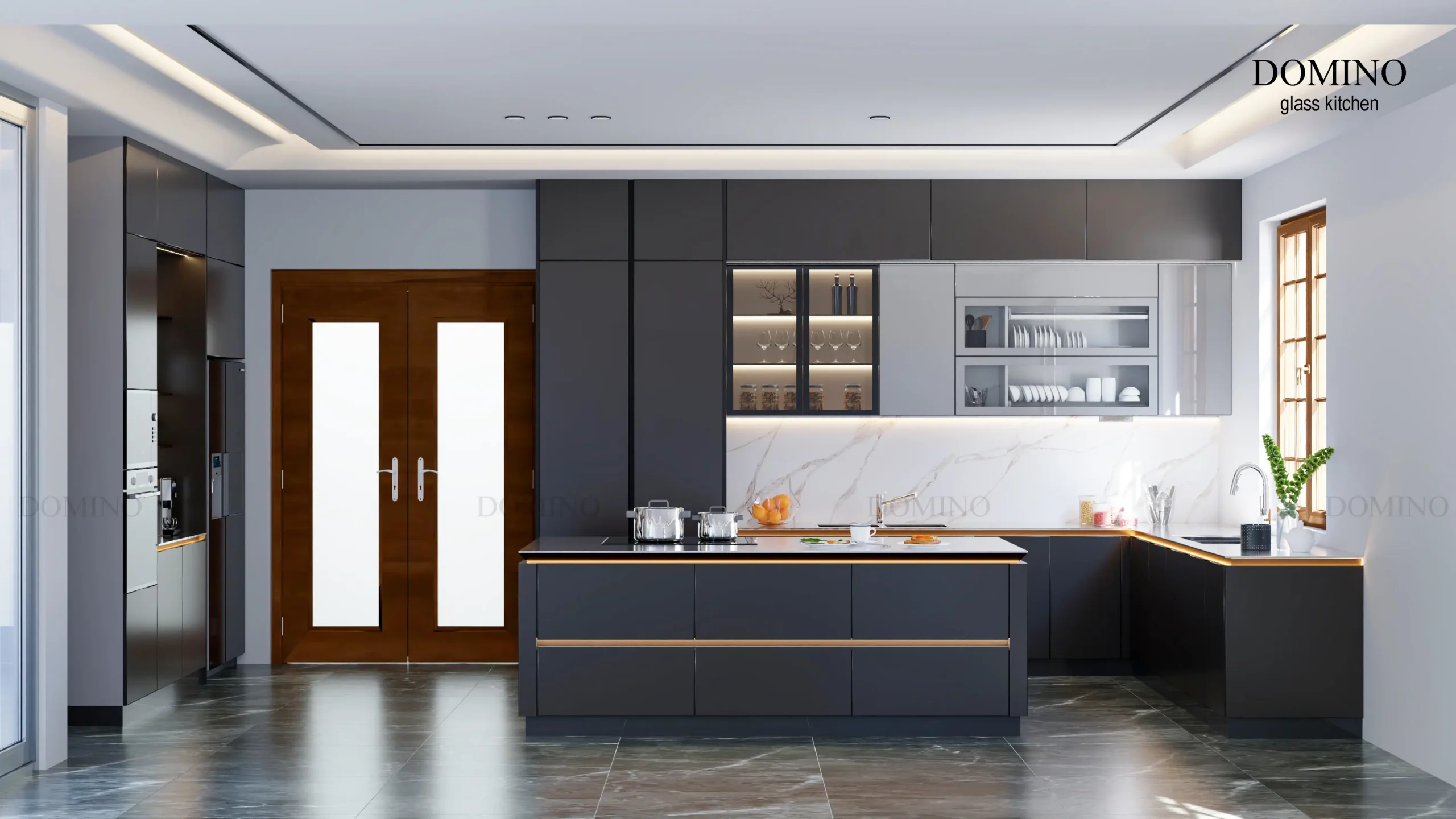 Tủ bếp inox cánh kính Domino cho biệt thự hiện đại tại Hà Nội