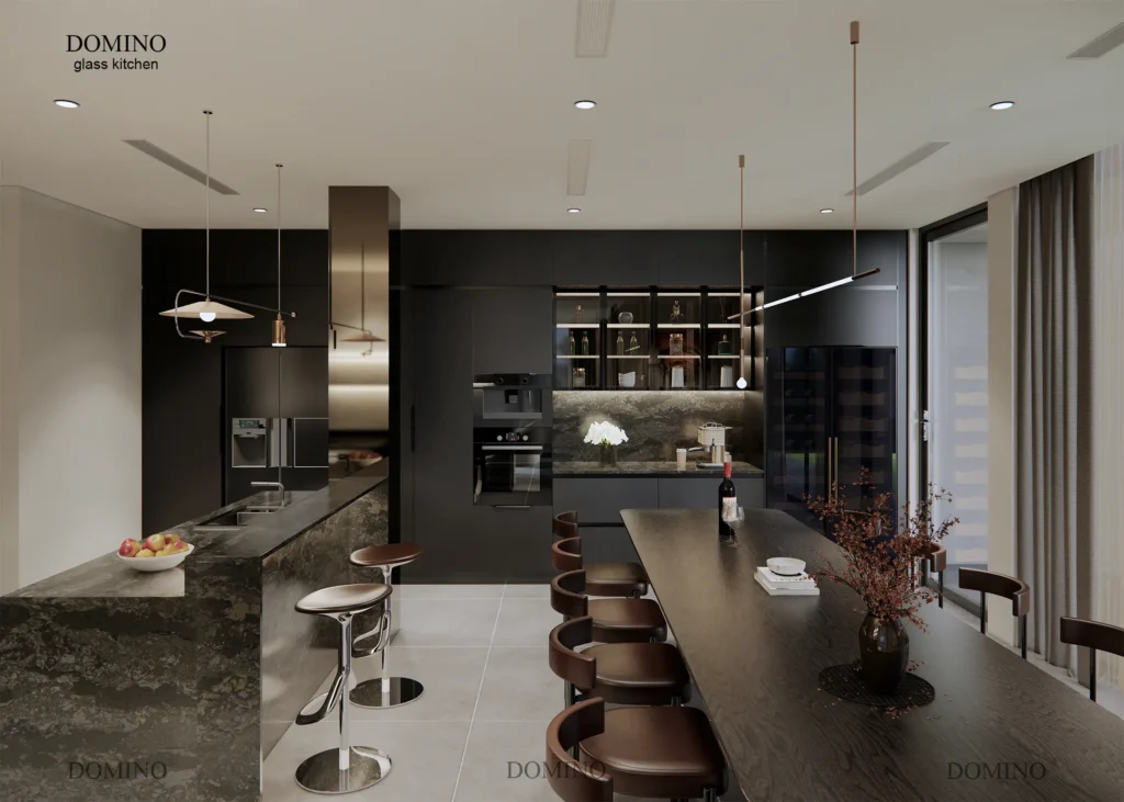 Tủ bếp inox cánh kính Domino hiện đại, bền bỉ và sang trọng