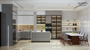 Tủ bếp inox cánh kính chữ L Domino hiện đại tại Hà Nội 2025