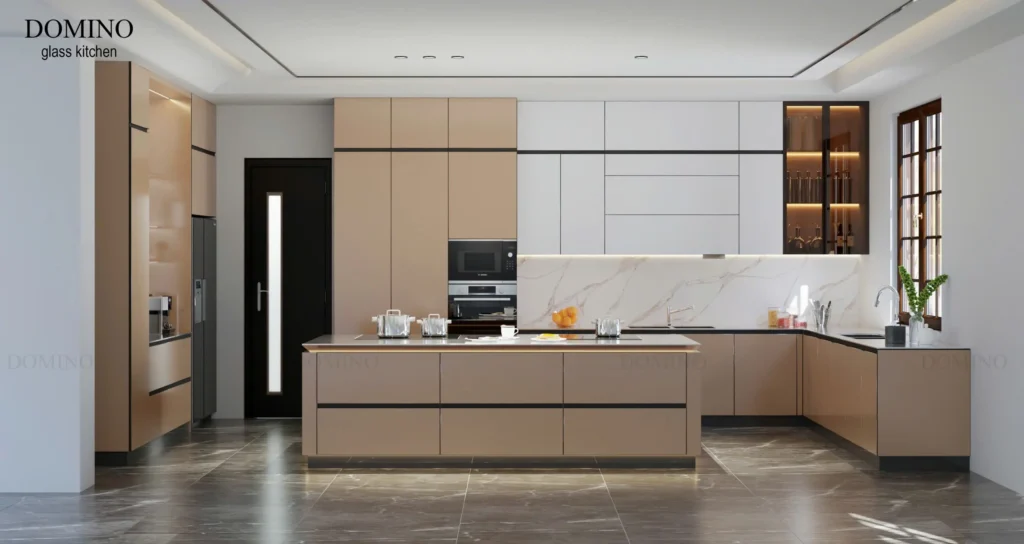 Tủ bếp inox cánh kính chữ L hiện đại tại Hà Nội do Domino thiết kế