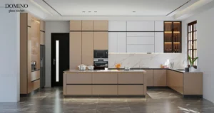 Tủ bếp inox cánh kính chữ L hiện đại tại Hà Nội do Domino thiết kế