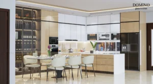 Tủ bếp Domino Hà Nội, tủ bếp inox cánh kính, không gian bếp hiện đại.