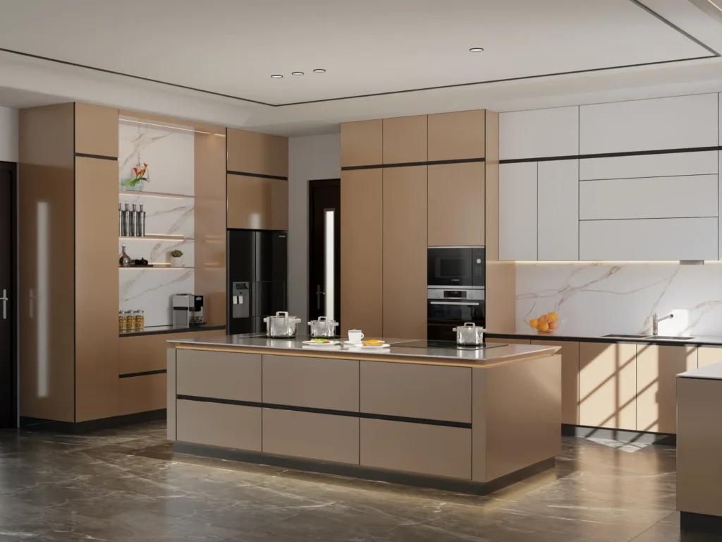 Tủ bếp inox cánh kính chữ L hiện đại, sang trọng