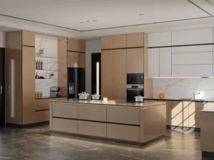 Tủ bếp inox cánh kính chữ L hiện đại, sang trọng