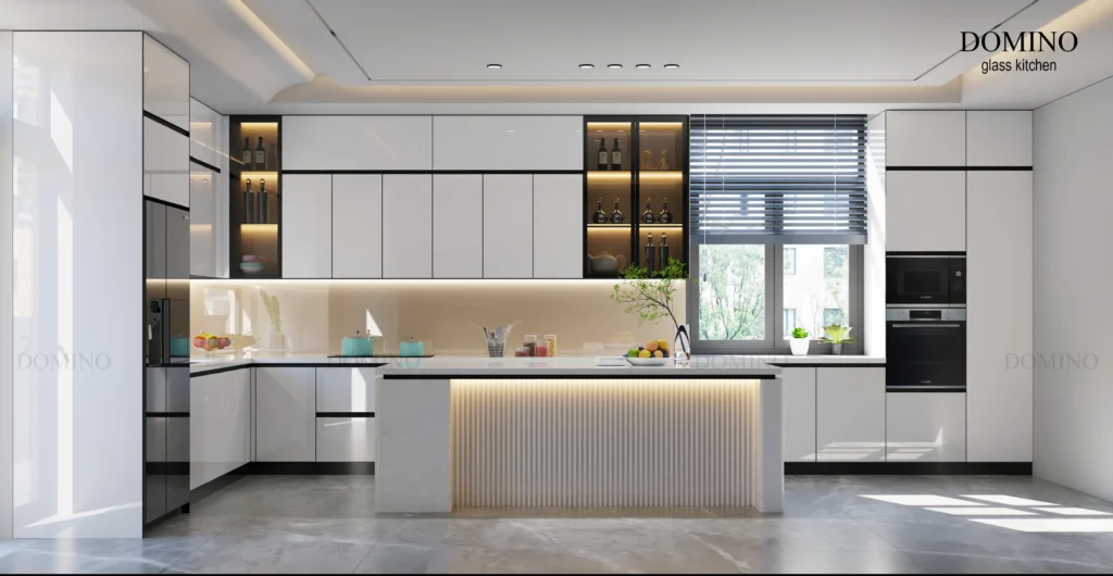 Tủ bếp inox cánh kính cho không gian bếp rộng