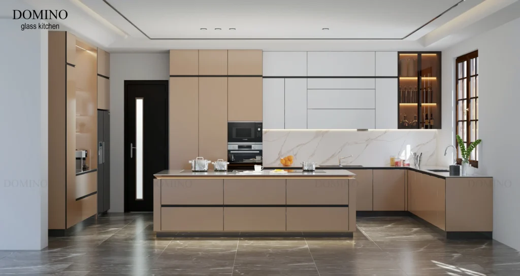 Tủ bếp inox cánh kính màu trắng tinh tế, cao cấp