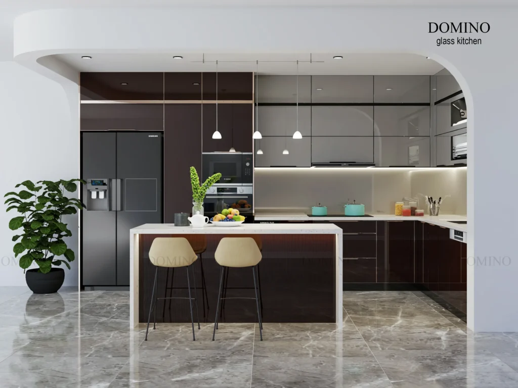 Tủ bếp inox cánh kính mờ gọn gàng tại TPHCM