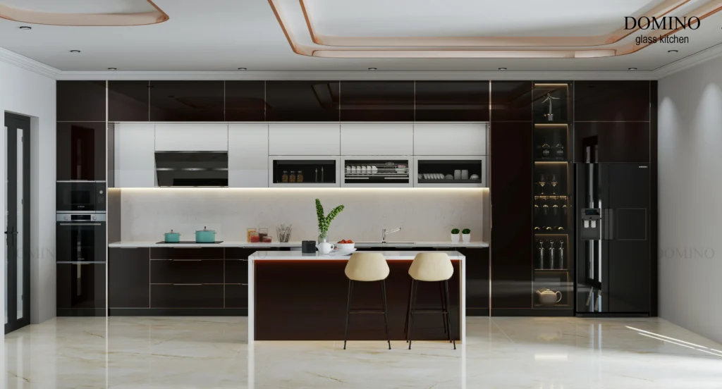 Tủ bếp inox cánh kính phong cách tối giản