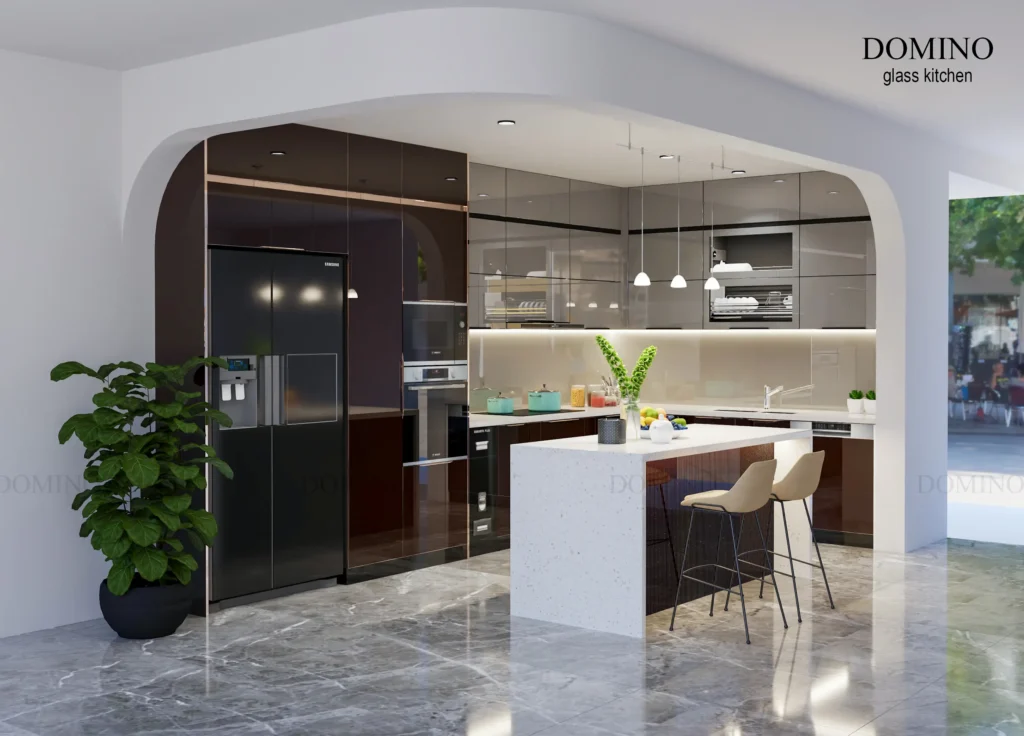 Tủ bếp inox cánh kính trong suốt hiện đại tại TPHCM