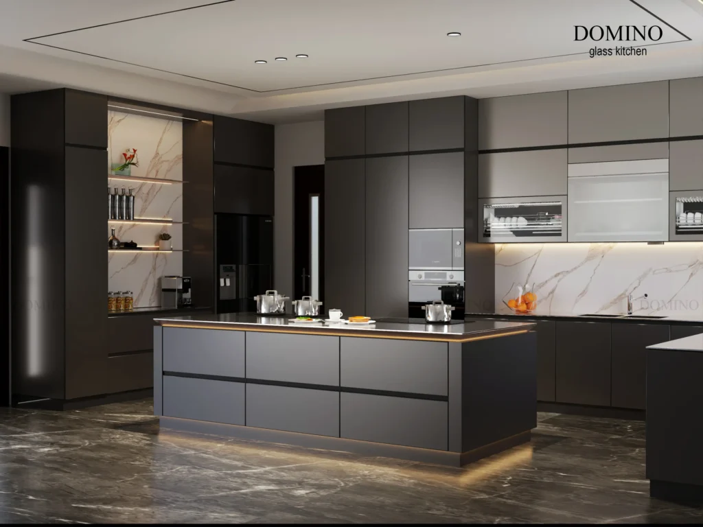 Tủ bếp inox cánh kính sang trọng