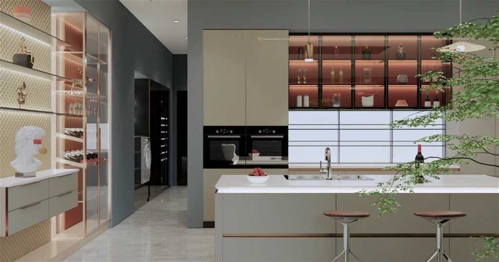 Tủ bếp inox cánh kính chữ L, chữ U, có đảo bếp