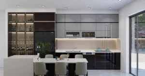 Tủ bếp inox cánh kính Domino hiện đại sang trọng năm 2026