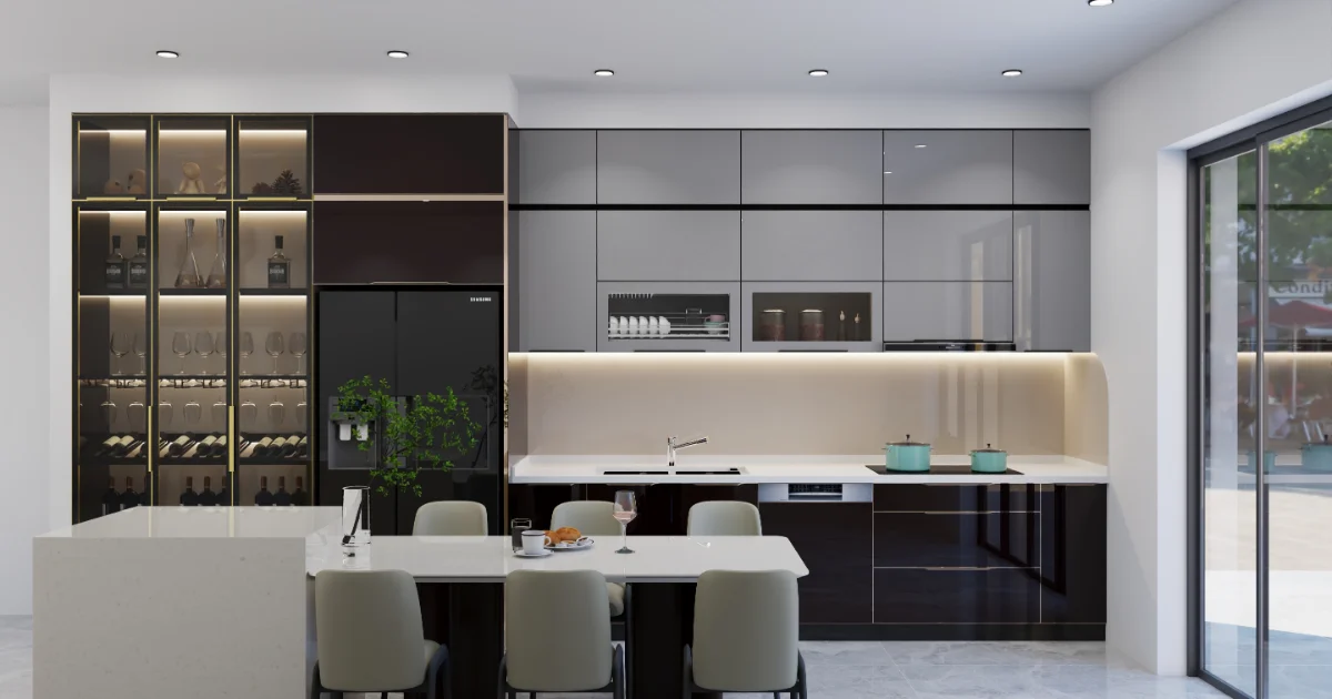 Tủ bếp inox cánh kính Domino hiện đại sang trọng năm 2026