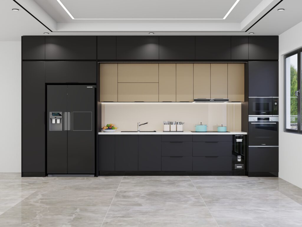 Tủ bếp inox cánh kính chữ I, cánh kính đen phối vàng champagne cho bếp nhỏ