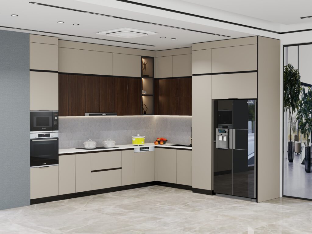 Tủ bếp inox cánh kính màu ghi sáng chữ L phối gỗ óc chó phong cách hiện đại