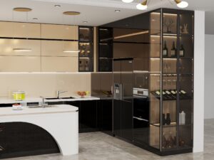 Mẫu tủ bếp cánh kính cho căn hộ chung cư, khung inox 304 cánh kính cường lực màu sáng