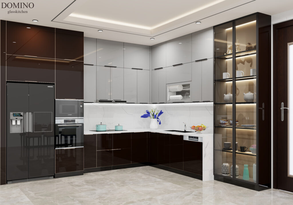 Công trình tủ bếp inox kính Domino hoàn thiện, khung inox 304 cánh kính cường lực