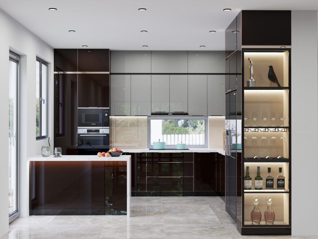 Cánh kính tủ bếp sau khi gia công và tôi cường lực, chờ ghép nẹp inox