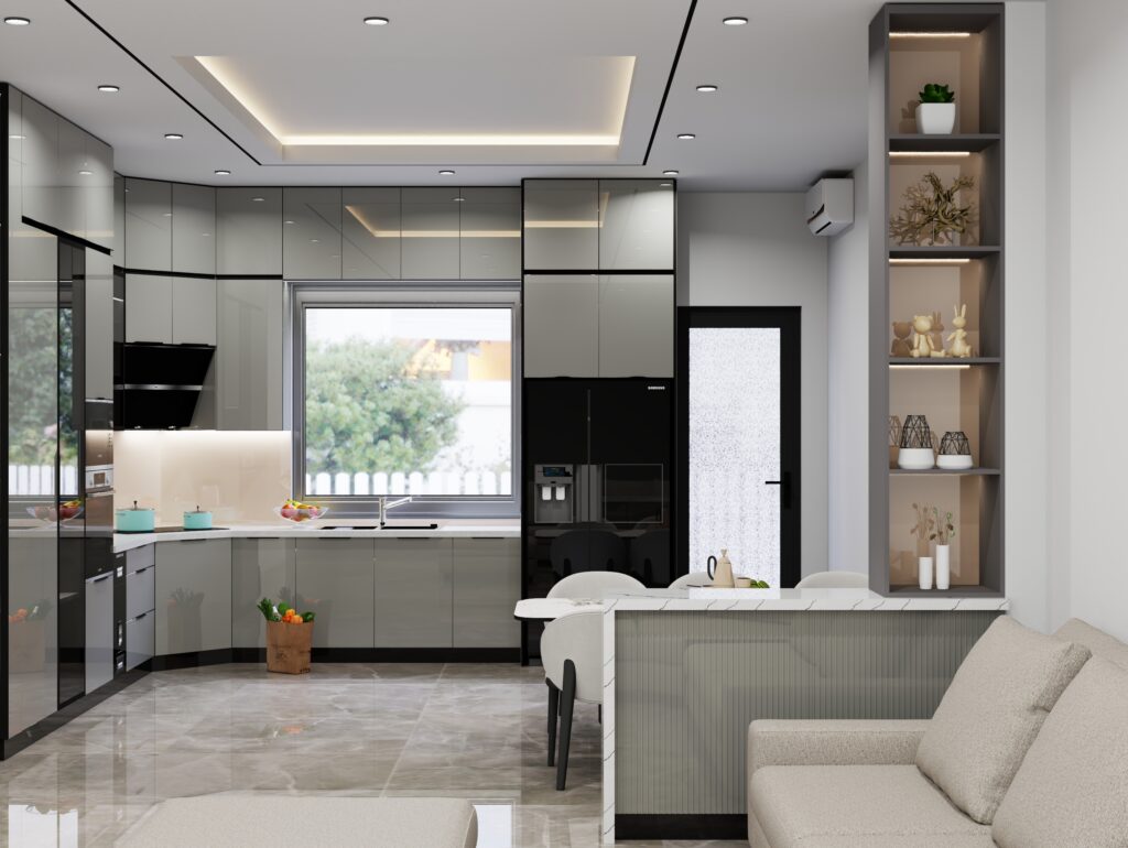 Mẫu tủ bếp inox kính Domino chữ L cho nhà phố, khung inox 304 cánh kính cường lực