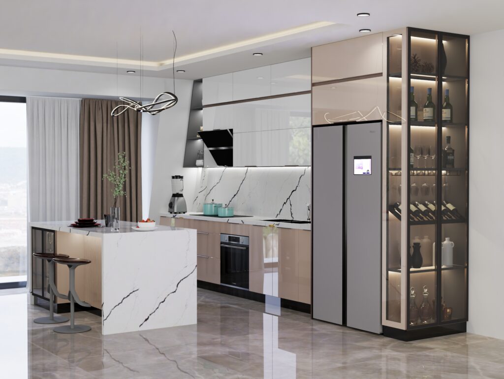 Bản vẽ 3D và công trình tủ bếp inox kính Domino cho khách đặt từ xa
