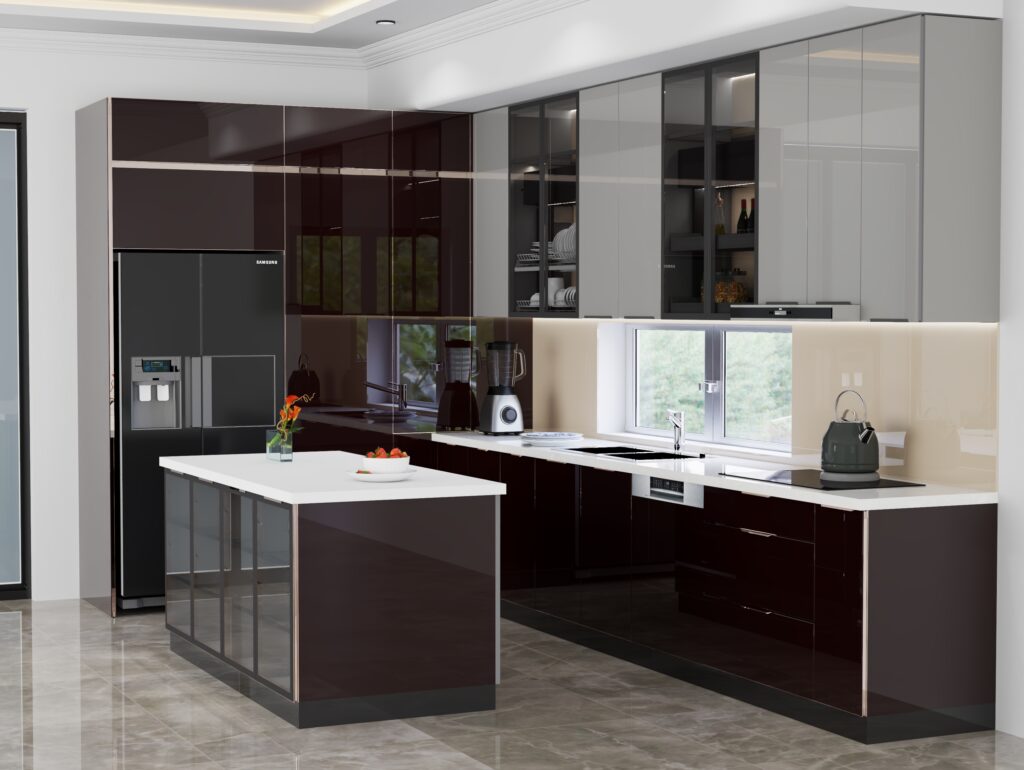 Tủ Bếp Cánh Kính Cường Lực: Cách Bảo Dưỡng, Xử Lý Vết Ố & Sửa Cánh Xệ 2026 4 Tủ bếp cánh kính cường lực khung inox 304 giữ sáng đẹp sau nhiều năm nhờ bảo dưỡng đúng