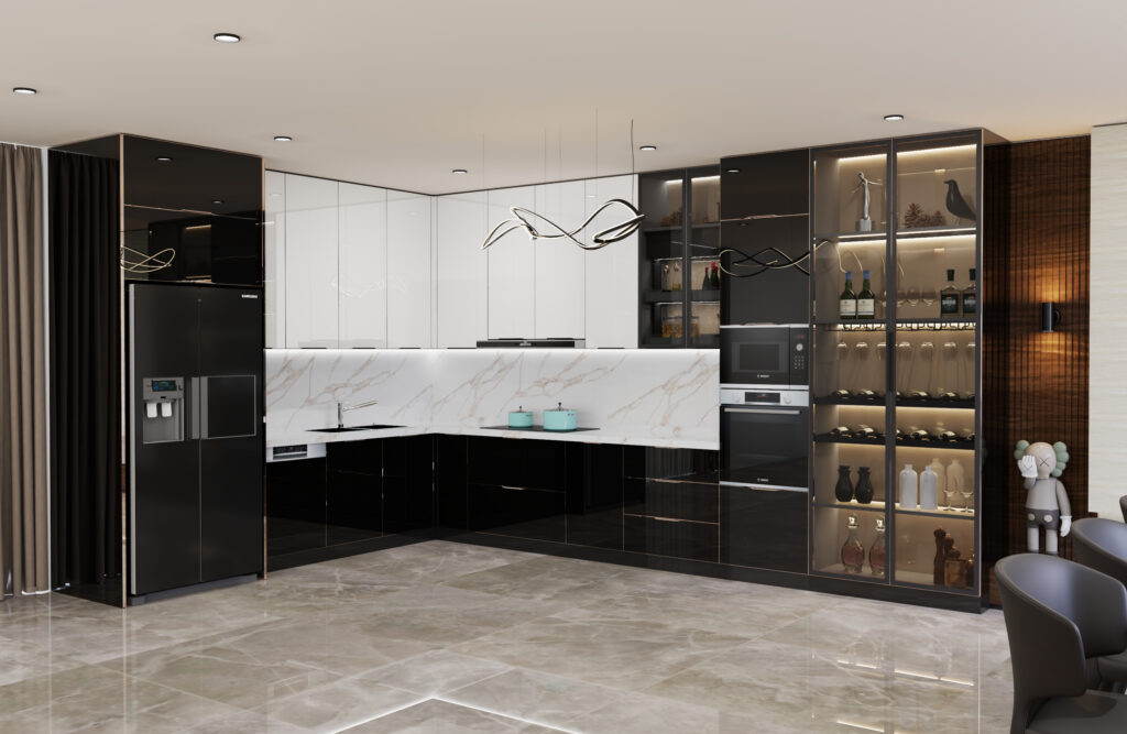 Tủ inox cánh kính cánh vân gỗ giảm cảm giác lạnh cho không gian sống