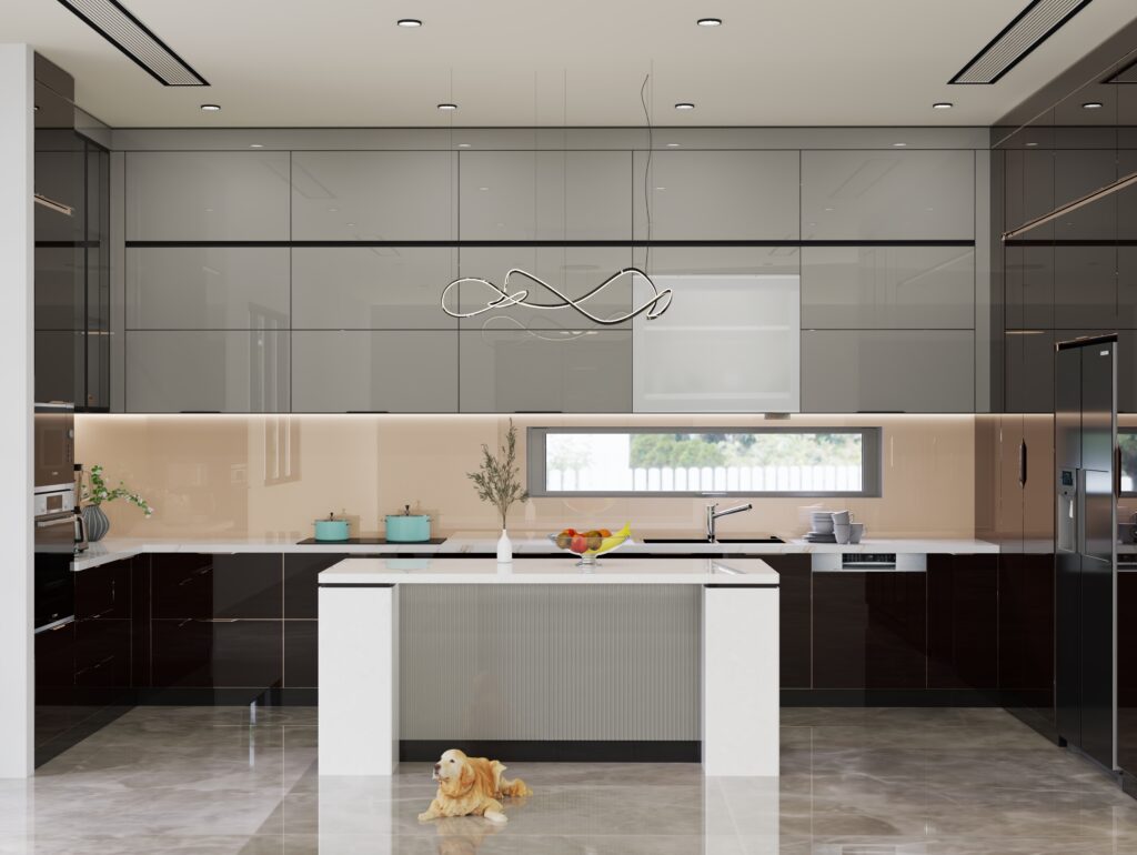 Mẫu Tủ Bếp Inox Cánh Kính Theo Màu Sắc: Trắng, Đen, Ghi, Xanh & Vân Gỗ 2026 1 Mẫu tủ bếp inox cánh kính phối màu hài hòa với mặt bàn đá và tường