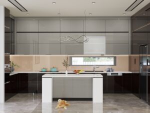 Mẫu tủ bếp inox cánh kính phối màu hài hòa với mặt bàn đá và tường