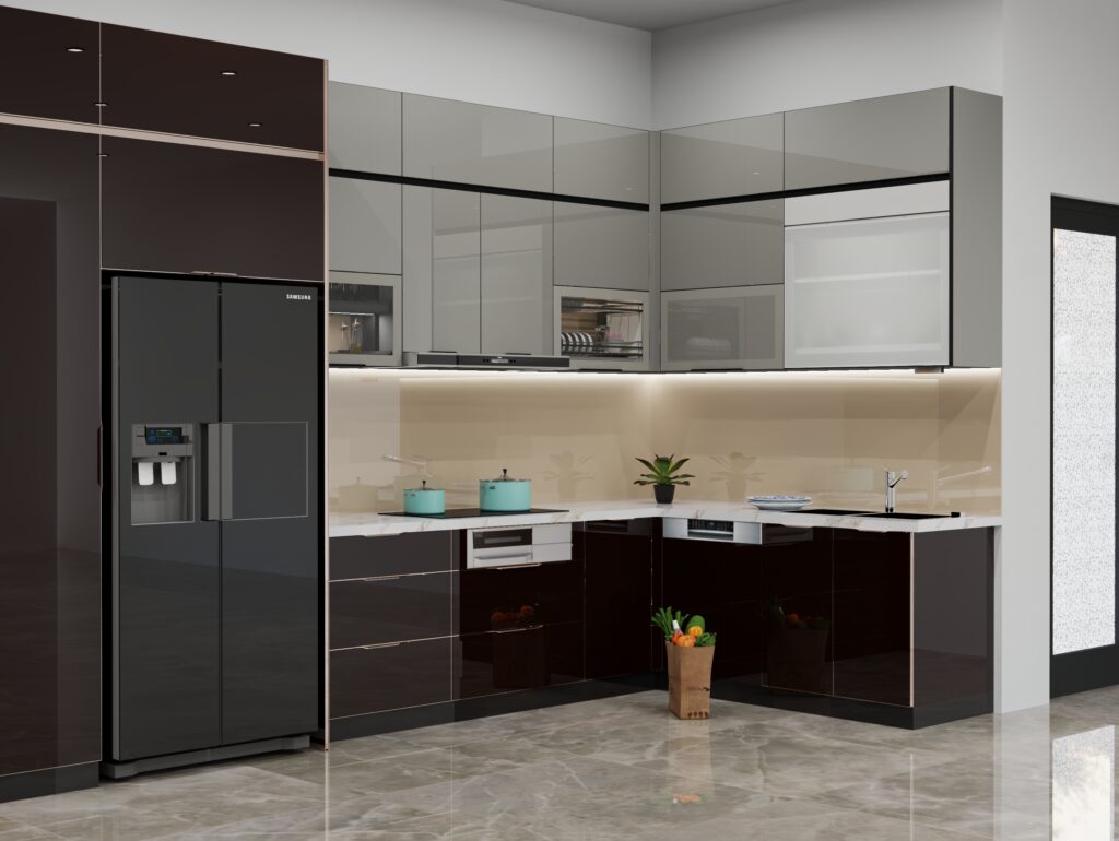 Tủ Bếp Inox Cánh Kính Là Gì? Cấu Tạo, Ưu Nhược Điểm, Giá và Cách Chọn 2026 2 Bản lề giảm chấn bắt vào nẹp inox của cánh kính cường lực tủ bếp inox cánh kính
