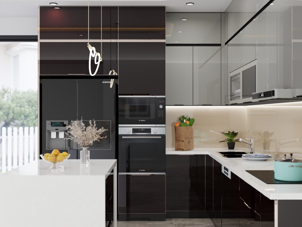 Bếp inox cánh kính phối đèn vàng và ốp gạch để giảm cảm giác lạnh, khắc phục nhược điểm tủ bếp kính inox