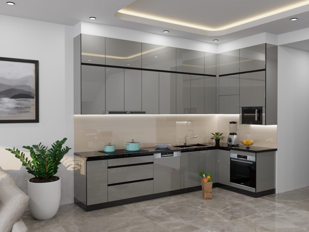 Cánh kính cường lực tủ bếp ghép nẹp inox 304, bản lề giảm chấn, bề mặt phẳng bóng