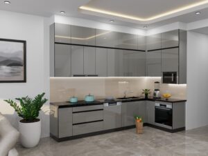 Cánh kính cường lực tủ bếp ghép nẹp inox 304, bản lề giảm chấn