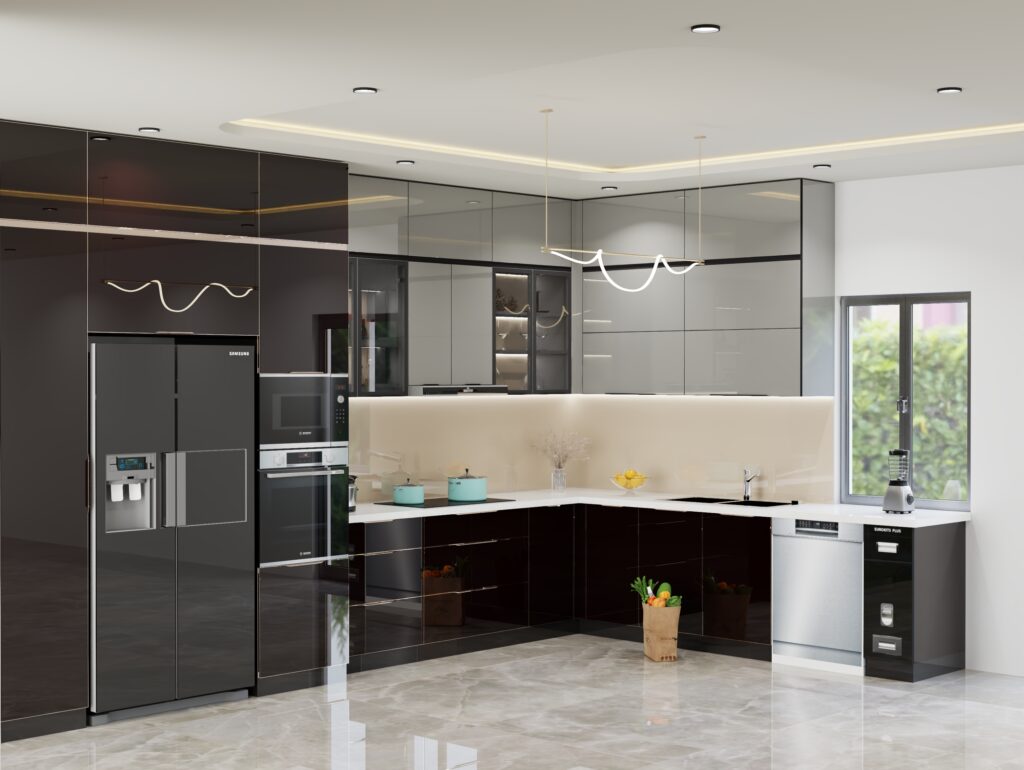 Tủ bếp kính inox chữ L phối mặt bàn vân gỗ để giảm cảm giác lạnh