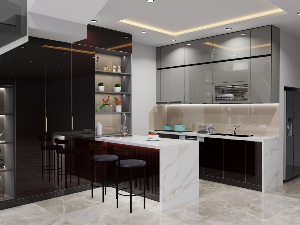 Cánh kính mờ và khung inox xước hairline giảm lộ vân tay trên tủ bếp kính inox