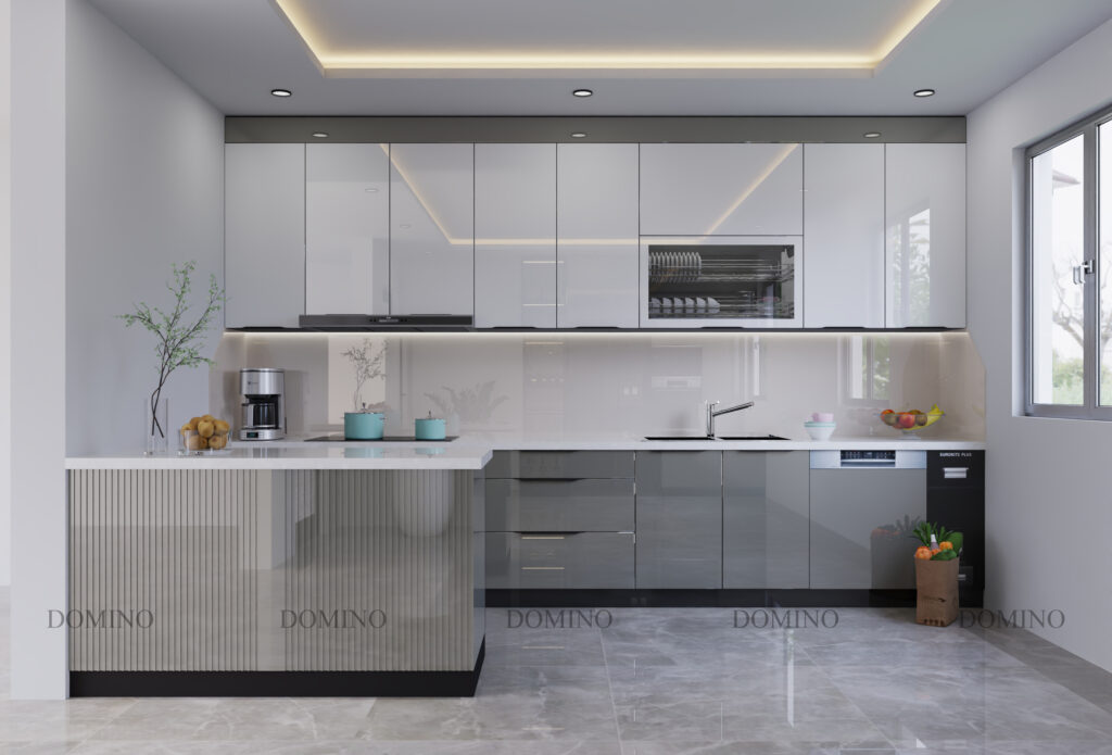 Bộ tủ bếp kính cường lực hoàn thiện sau quy trình sản xuất tại xưởng