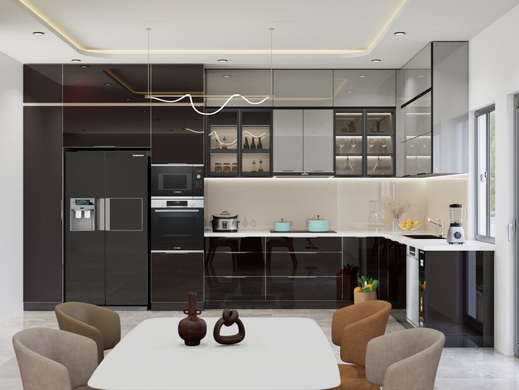 Đảo bếp inox cánh kính theo xu hướng tủ bếp cánh kính cho nhà thiết kế mở