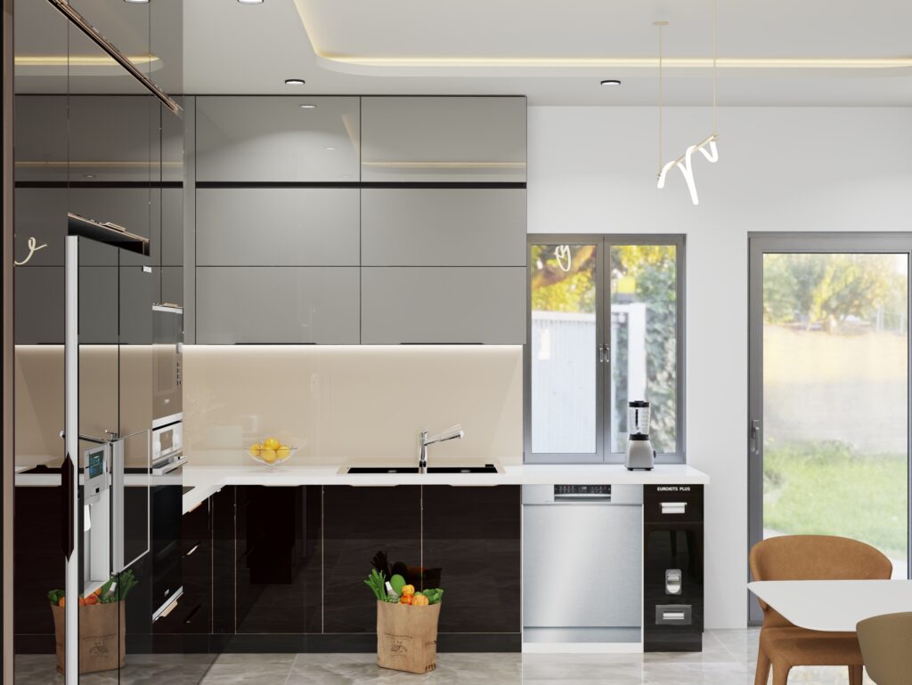 Tủ bếp inox cánh kính cường lực trong suốt làm bếp sáng và rộng hơn
