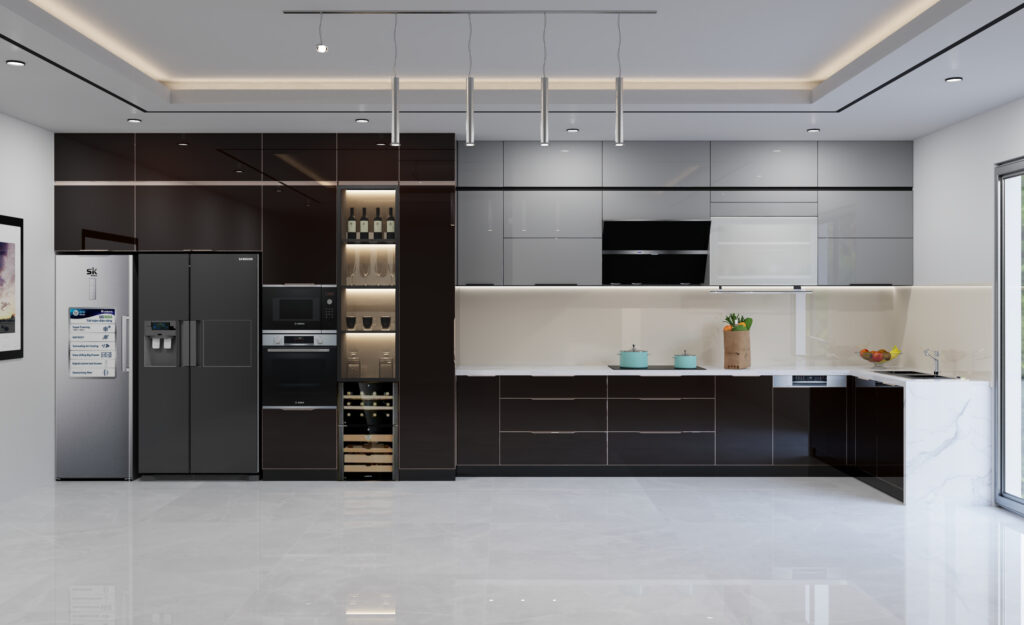Tủ Bếp Inox Kính Cường Lực Có An Toàn Không? Phân Tích Cho Gia Đình 2026 4 Tủ bếp inox kính cường lực chữ L an toàn cho nhà có trẻ nhỏ, bo cạnh và giảm chấn