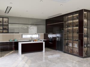 Mẫu tủ bếp inox cánh kính xu hướng 2026 với kính sơn màu trầm ấm
