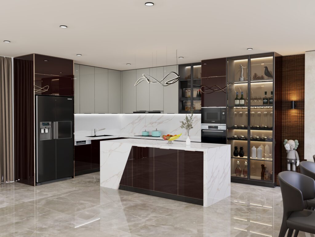 Lắp mặt đá, chậu rửa và thiết bị âm tủ khi lắp đặt tủ bếp inox cánh kính