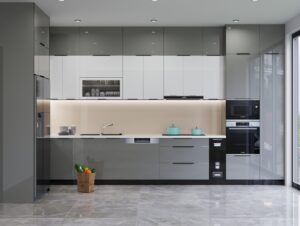 Giải pháp xử lý hai góc chết của tủ bếp inox cánh kính chữ U bằng mâm xoay và kệ góc