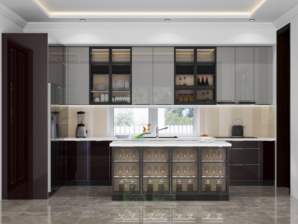 Tủ Bếp Inox Cánh Kính Chữ U: Cách Bố Trí, Kích Thước 3 Cạnh và Báo Giá 2026 2 Kích thước ba cạnh tủ bếp inox cánh kính chữ U và lối đi trong lòng bếp