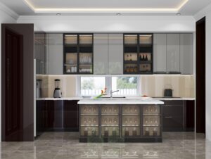 Kích thước ba cạnh tủ bếp inox cánh kính chữ U và lối đi trong lòng bếp