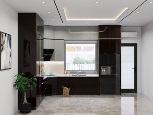 Tủ bếp inox cánh kính chữ U ôm ba mặt tường cho phòng bếp rộng