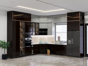 Tủ bếp cánh kính đẹp phong cách tối giản hiện đại