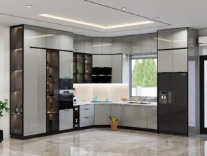 Thùng tủ bếp inox 304 cánh kính cường lực nhìn từ bên trong