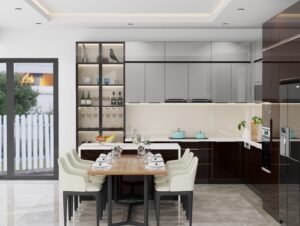Tủ rượu inox cánh kính kết hợp tủ bếp trong không gian mở